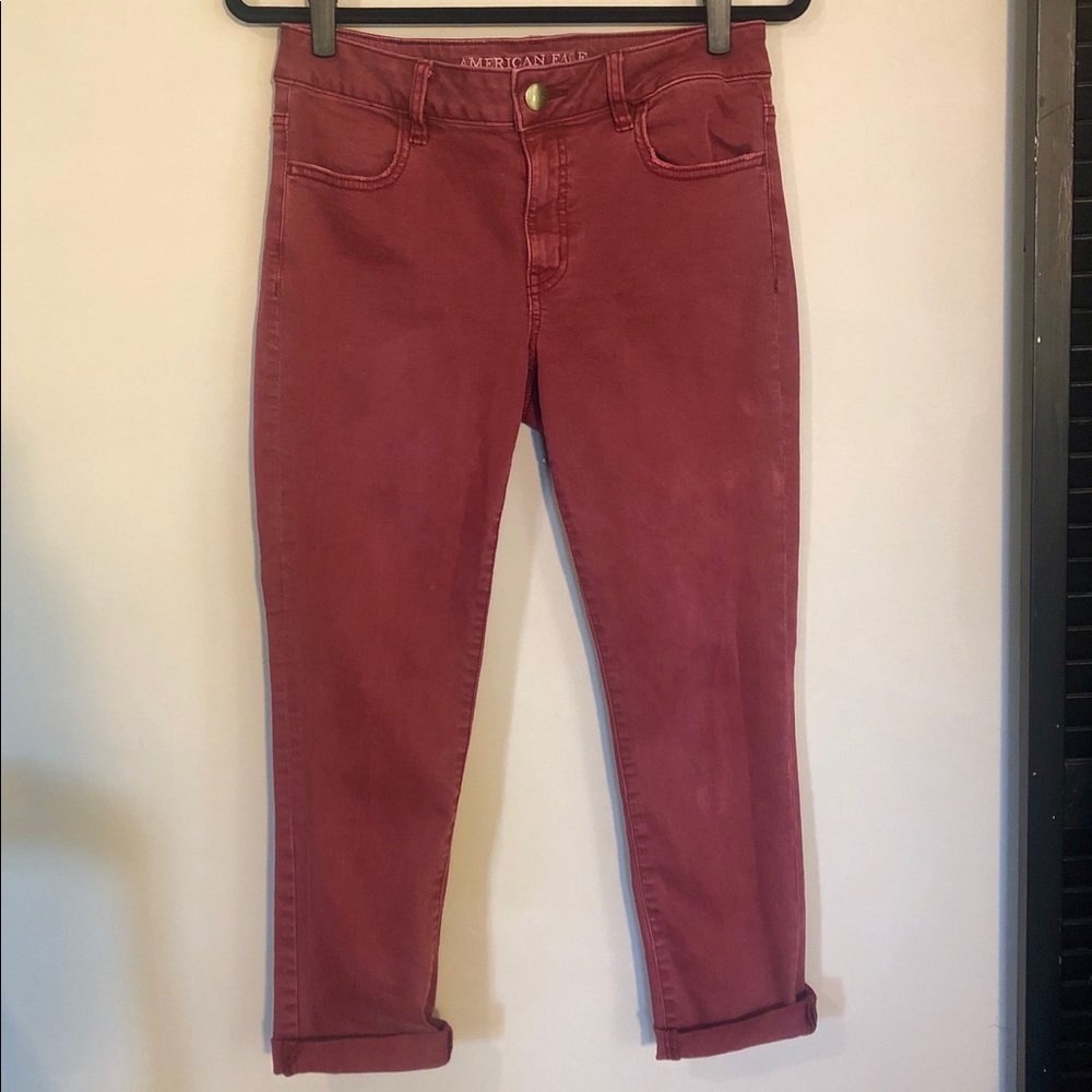 American Eagle Maroon Cropped Stretch Jeans